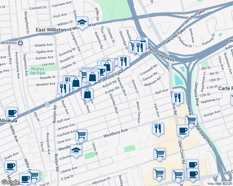 map of restaurants, bars, coffee shops, grocery stores, and more near 222 Clemens Road in Mineola