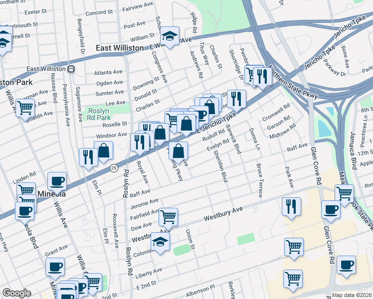 map of restaurants, bars, coffee shops, grocery stores, and more near 146 Evelyn Road in Mineola