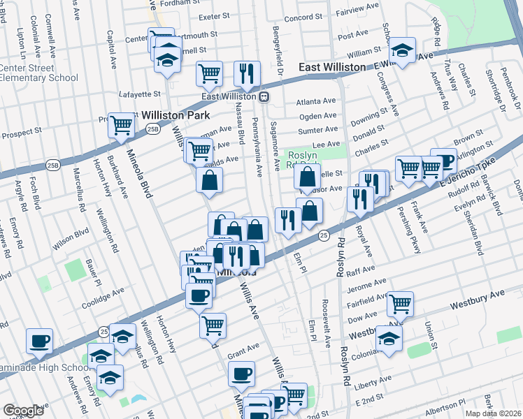 map of restaurants, bars, coffee shops, grocery stores, and more near 345 Pennsylvania Avenue in Mineola