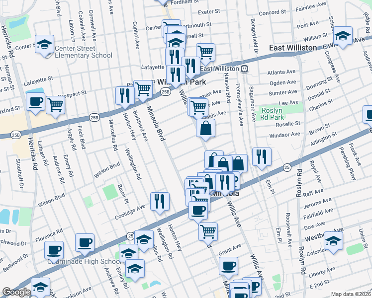 map of restaurants, bars, coffee shops, grocery stores, and more near 162 Elderberry Road in Mineola