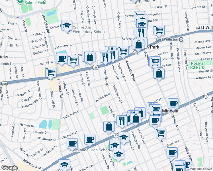 map of restaurants, bars, coffee shops, grocery stores, and more near 465 Wellington Road in Mineola