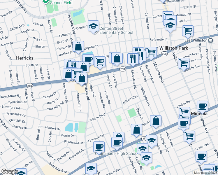 map of restaurants, bars, coffee shops, grocery stores, and more near 475 Argyle Road in Mineola