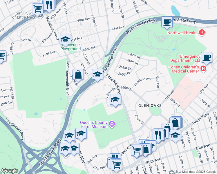 map of restaurants, bars, coffee shops, grocery stores, and more near 70-8 252nd Street in Queens