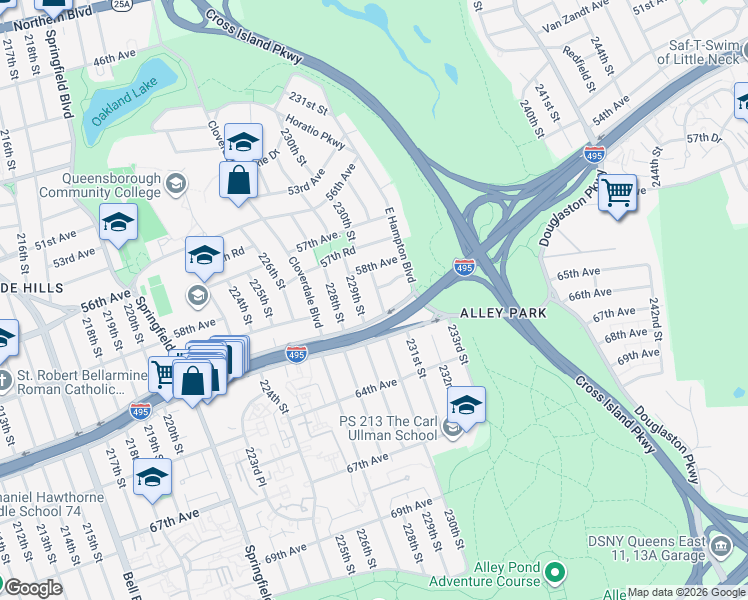 map of restaurants, bars, coffee shops, grocery stores, and more near 58-40 230th Street in Queens