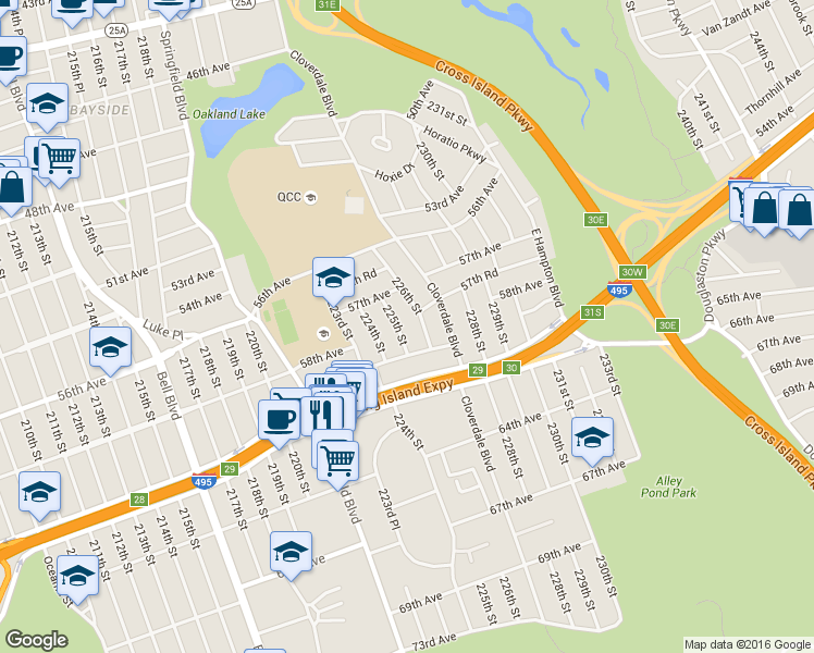 map of restaurants, bars, coffee shops, grocery stores, and more near 57-39 225th Street in Queens
