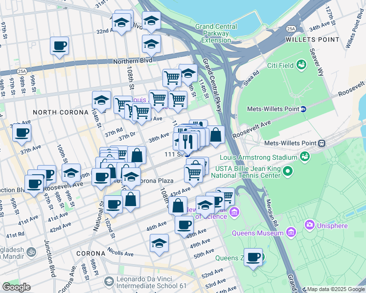 map of restaurants, bars, coffee shops, grocery stores, and more near 108- 68 Roosevelt Avenue in Queens