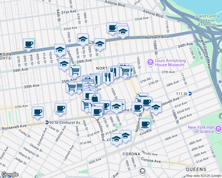 map of restaurants, bars, coffee shops, grocery stores, and more near 37-12 100th Street in Queens