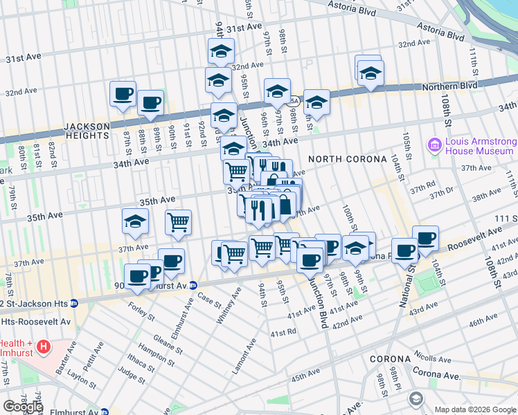 map of restaurants, bars, coffee shops, grocery stores, and more near 35-51 95th Street in Queens