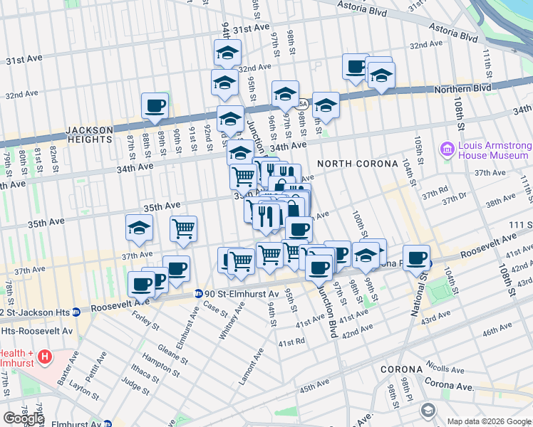 map of restaurants, bars, coffee shops, grocery stores, and more near 35-51 95th Street in Queens