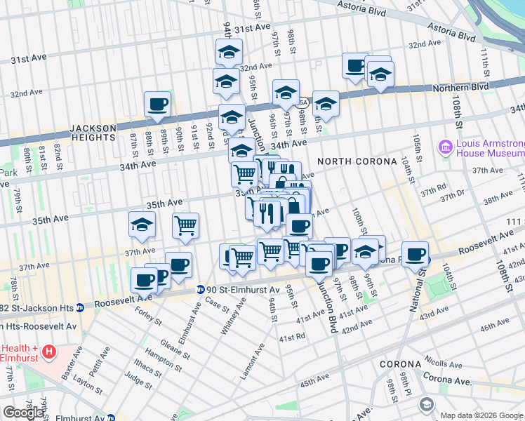 map of restaurants, bars, coffee shops, grocery stores, and more near 35-51 95th Street in Queens