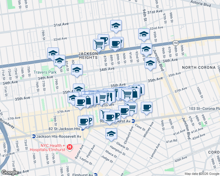 map of restaurants, bars, coffee shops, grocery stores, and more near 35-06 88th Street in Queens