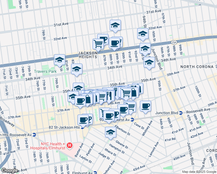 map of restaurants, bars, coffee shops, grocery stores, and more near 35-06 88th Street in Queens