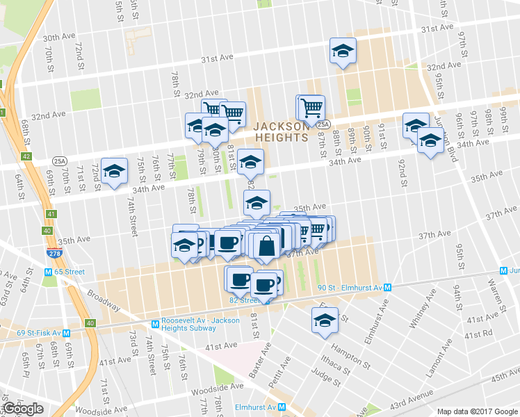 map of restaurants, bars, coffee shops, grocery stores, and more near 8215 35th Avenue in Queens