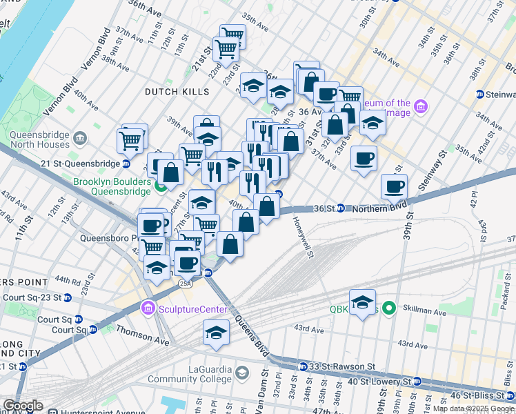 map of restaurants, bars, coffee shops, grocery stores, and more near in Queens
