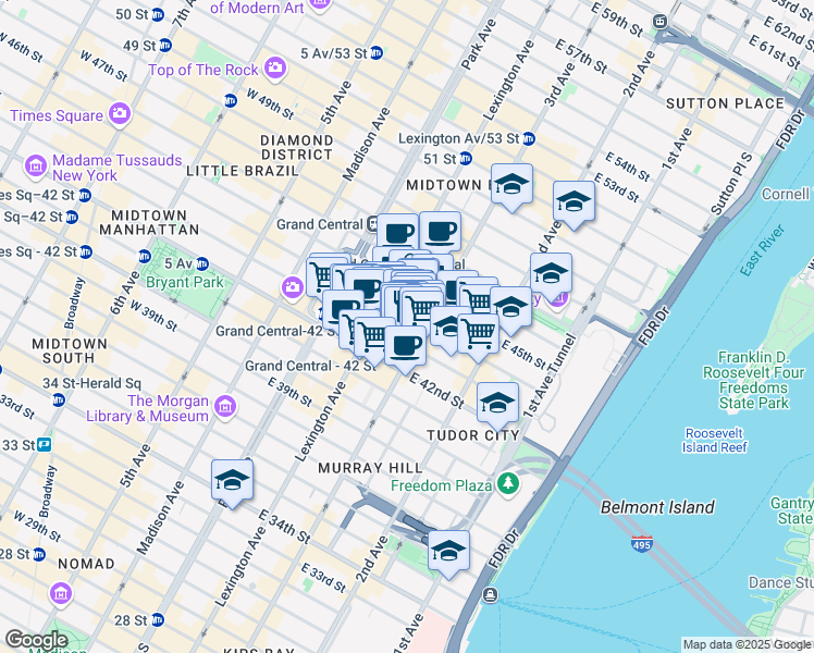 map of restaurants, bars, coffee shops, grocery stores, and more near 666 3rd Avenue in New York