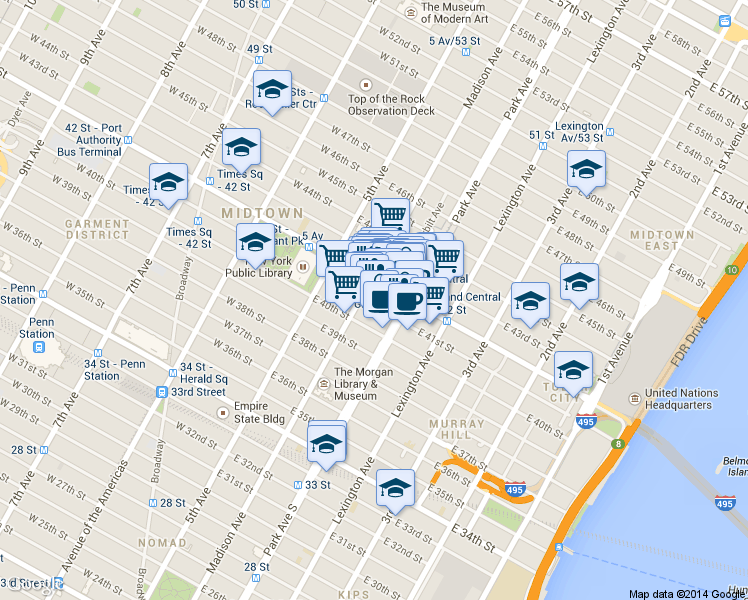 map of restaurants, bars, coffee shops, grocery stores, and more near 47 East 42nd Street in New York