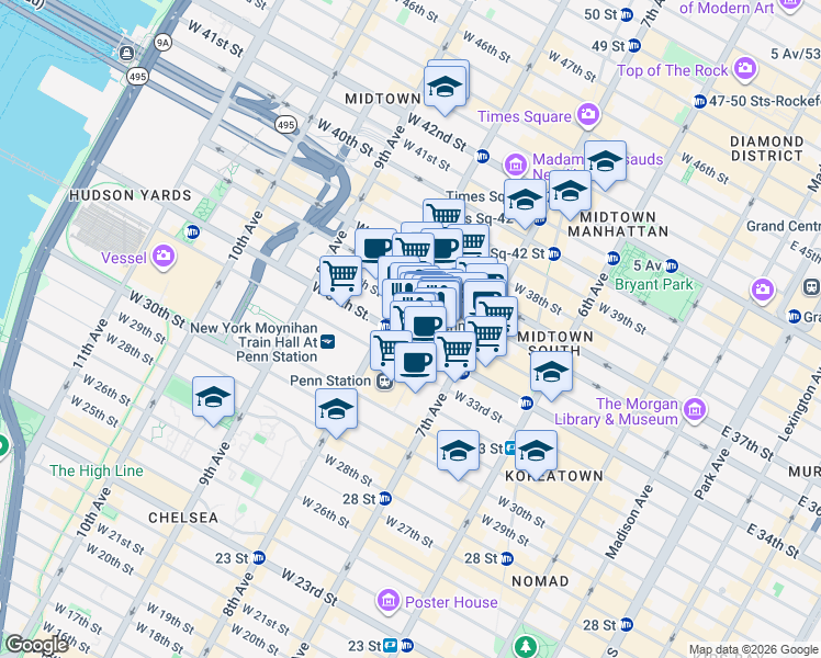 map of restaurants, bars, coffee shops, grocery stores, and more near 1 Pennsylvania Plaza in New York
