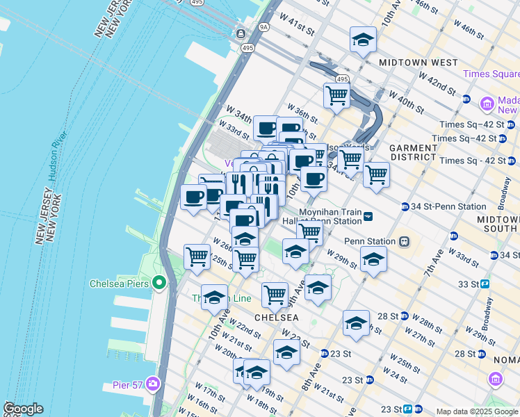 map of restaurants, bars, coffee shops, grocery stores, and more near 519 West 29th Street in New York