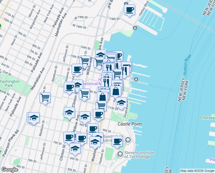 map of restaurants, bars, coffee shops, grocery stores, and more near 1217 Washington Street in Hoboken