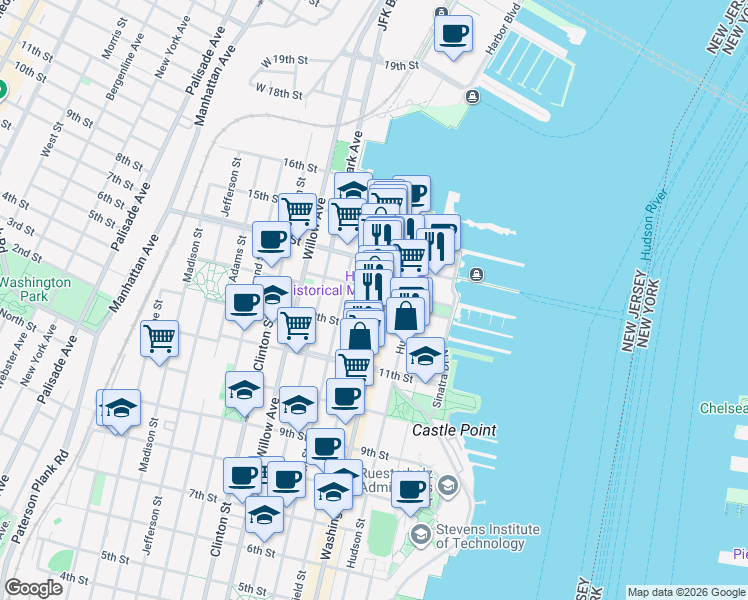 map of restaurants, bars, coffee shops, grocery stores, and more near 1217 Washington Street in Hoboken