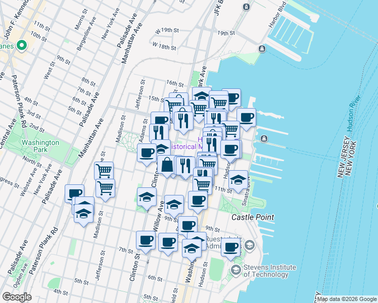 map of restaurants, bars, coffee shops, grocery stores, and more near 1208 Park Avenue in Hoboken