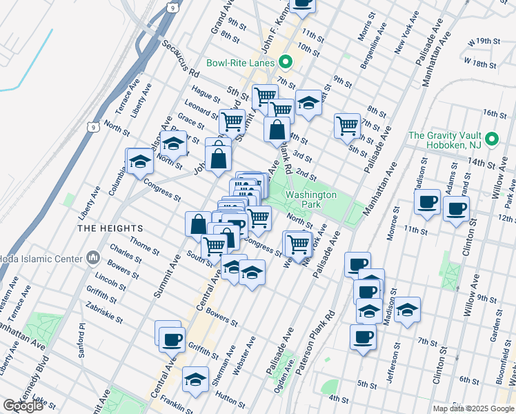 map of restaurants, bars, coffee shops, grocery stores, and more near in Jersey City