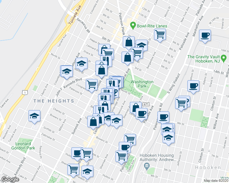 map of restaurants, bars, coffee shops, grocery stores, and more near 14 Graham Street in Jersey City
