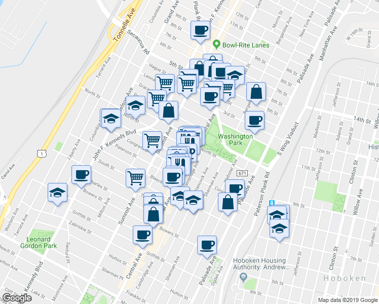 map of restaurants, bars, coffee shops, grocery stores, and more near 14 Graham Street in Jersey City