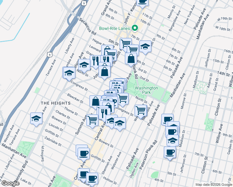 map of restaurants, bars, coffee shops, grocery stores, and more near 14 Graham Street in Jersey City