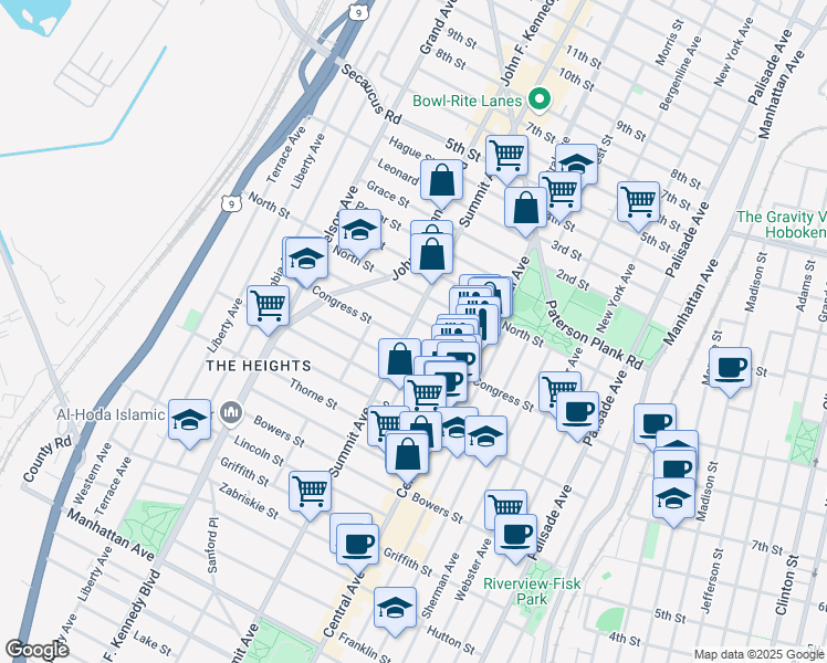 map of restaurants, bars, coffee shops, grocery stores, and more near 41 Graham Street in Jersey City