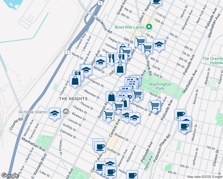 map of restaurants, bars, coffee shops, grocery stores, and more near 181 Congress Street in Jersey City