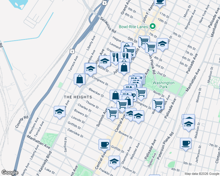 map of restaurants, bars, coffee shops, grocery stores, and more near 181 Congress Street in Jersey City