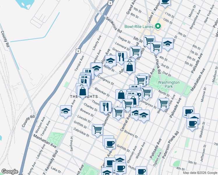 map of restaurants, bars, coffee shops, grocery stores, and more near 86 Paterson Street in Jersey City