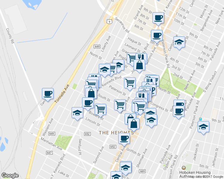 map of restaurants, bars, coffee shops, grocery stores, and more near 86 Paterson Street in Jersey City