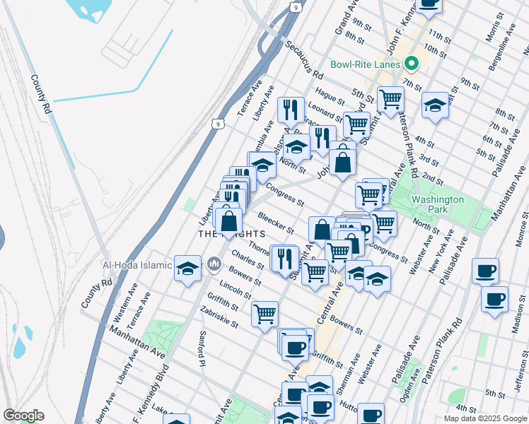 map of restaurants, bars, coffee shops, grocery stores, and more near 116 Bleecker Street in Jersey City