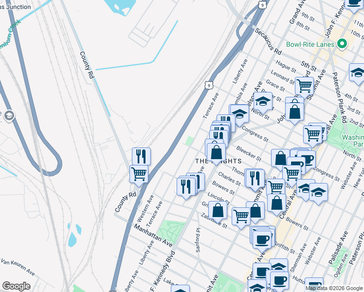 map of restaurants, bars, coffee shops, grocery stores, and more near 168 County Road 649 in Jersey City