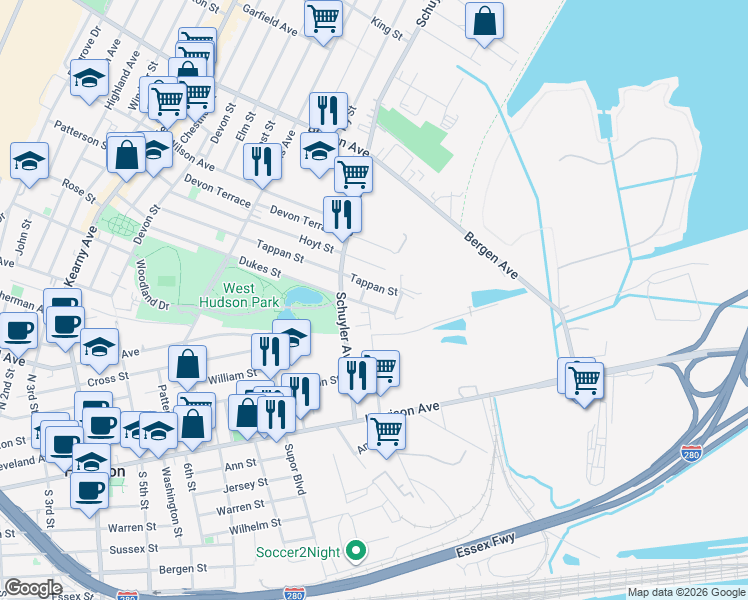 map of restaurants, bars, coffee shops, grocery stores, and more near 222 Tappan Street in Kearny