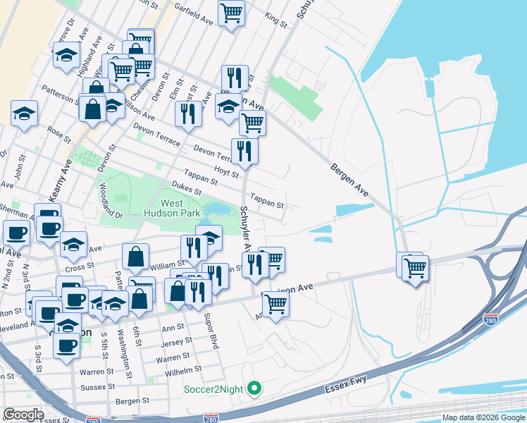 map of restaurants, bars, coffee shops, grocery stores, and more near 100 Schuyler Avenue in Kearny
