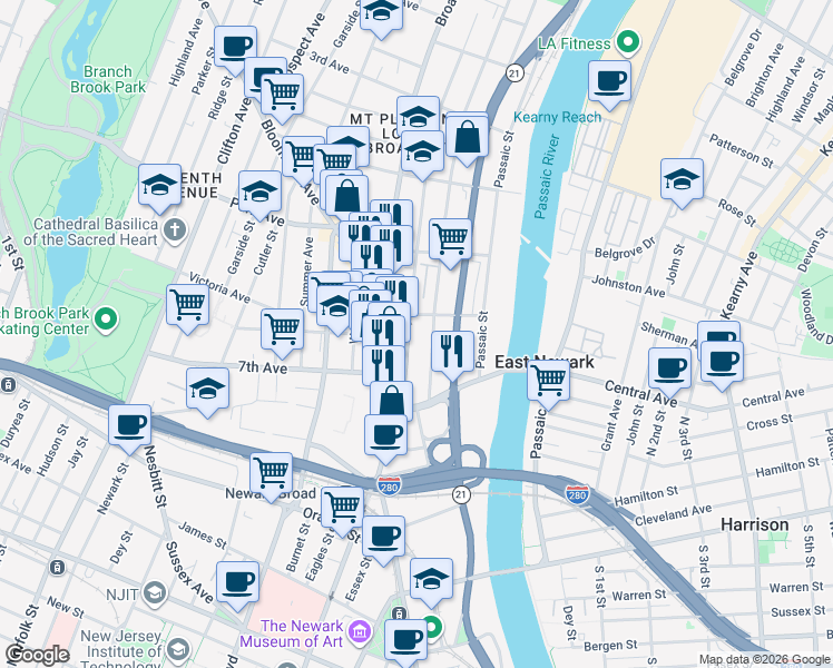 map of restaurants, bars, coffee shops, grocery stores, and more near 281 Mount Pleasant Avenue in Newark