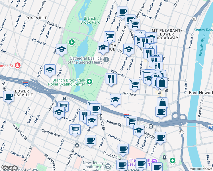map of restaurants, bars, coffee shops, grocery stores, and more near 151 7th Avenue in Newark