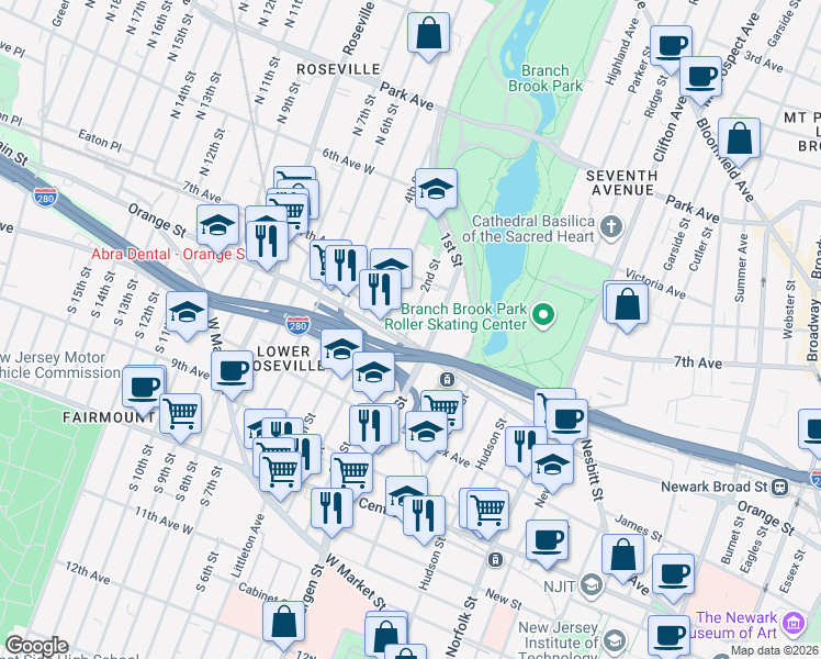 map of restaurants, bars, coffee shops, grocery stores, and more near 407-413 Orange Street in Newark