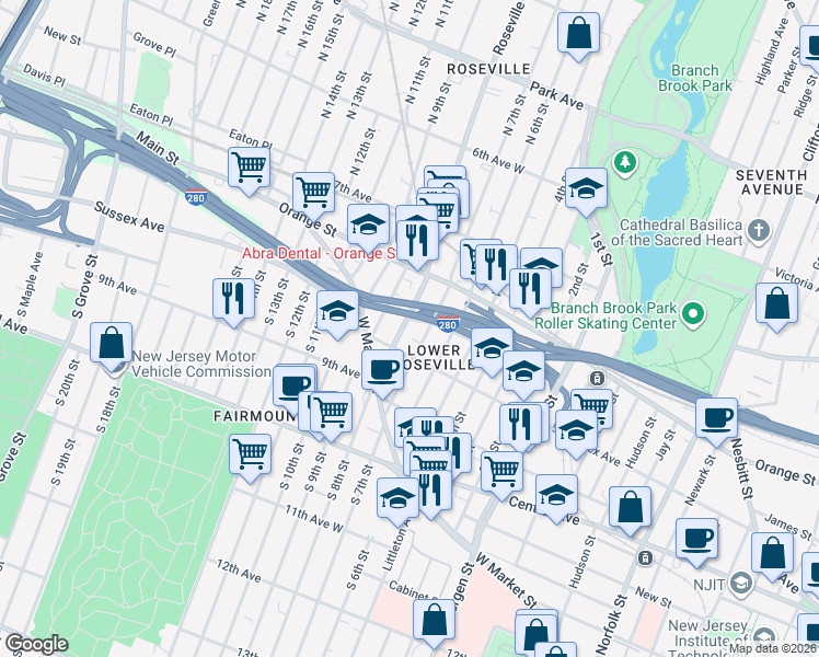 map of restaurants, bars, coffee shops, grocery stores, and more near 36 Roseville Avenue in Newark