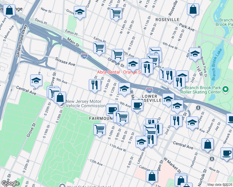map of restaurants, bars, coffee shops, grocery stores, and more near 73 South 11th Street in Newark