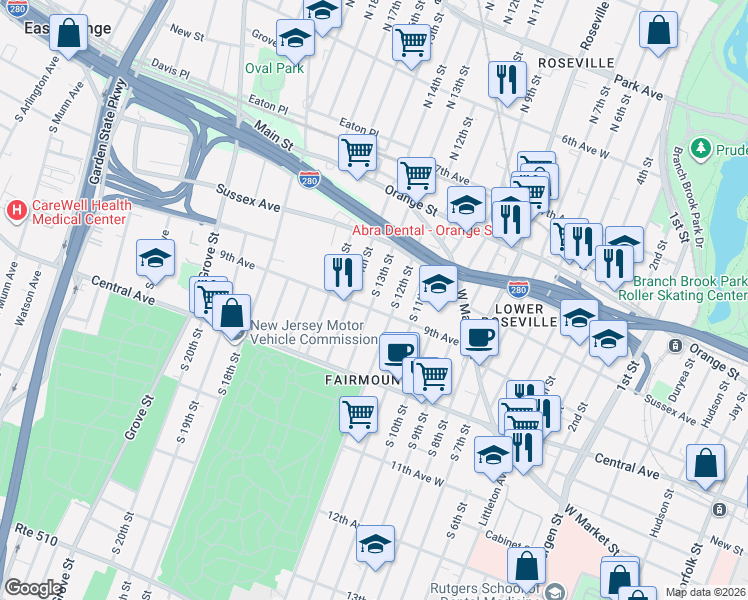 map of restaurants, bars, coffee shops, grocery stores, and more near 73-75 9th Avenue in Newark