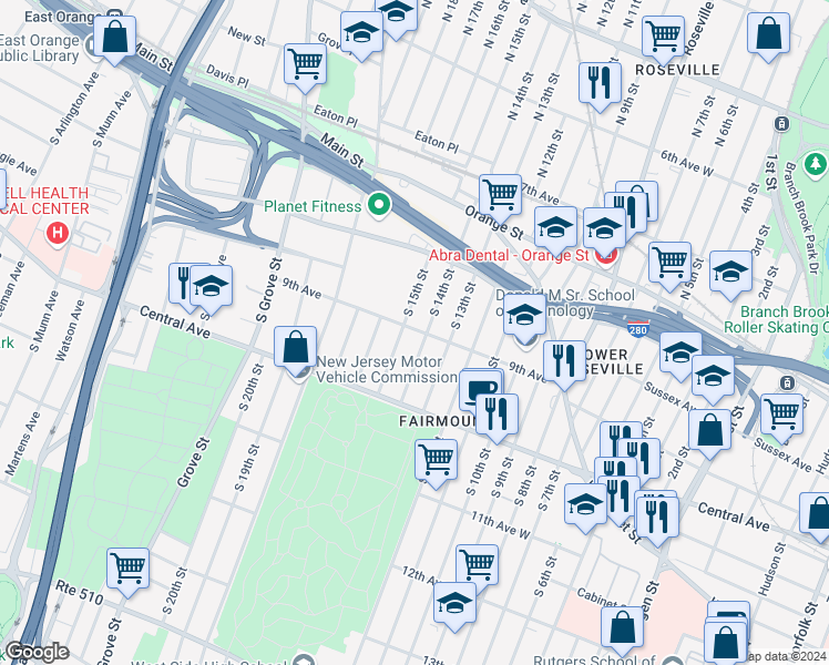 map of restaurants, bars, coffee shops, grocery stores, and more near in Newark