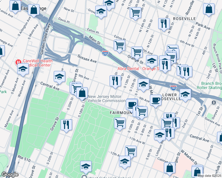 map of restaurants, bars, coffee shops, grocery stores, and more near 78 South 16th Street in East Orange