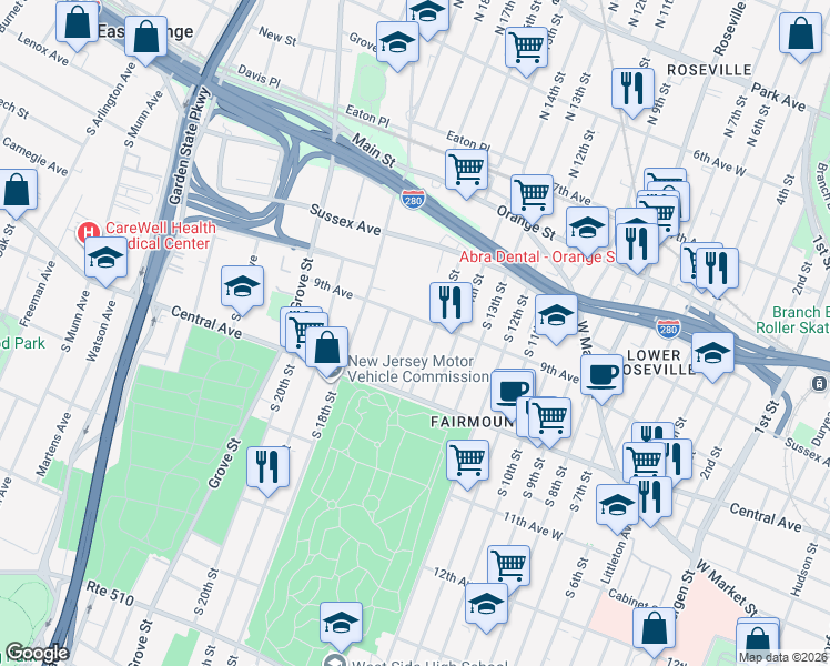map of restaurants, bars, coffee shops, grocery stores, and more near 78 South 16th Street in East Orange