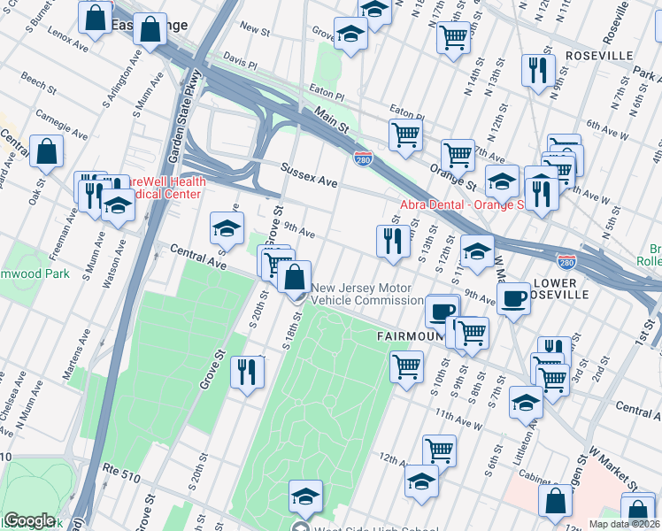 map of restaurants, bars, coffee shops, grocery stores, and more near 24 South 17th Street in East Orange