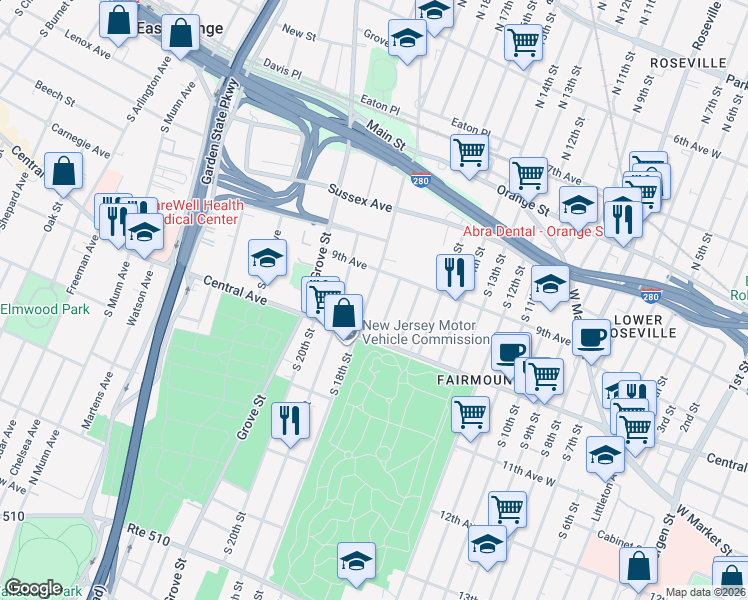 map of restaurants, bars, coffee shops, grocery stores, and more near 24 South 17th Street in East Orange