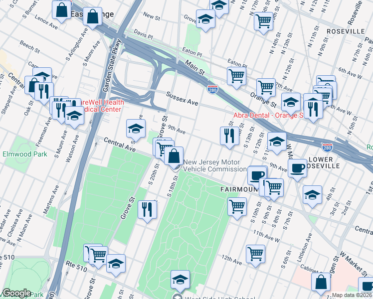 map of restaurants, bars, coffee shops, grocery stores, and more near 147 Steuben Street in East Orange